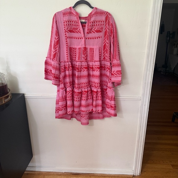 Elan Pink Red Embroidered Boho Tiered Charli Mini Dress Bell Sleeve Size M - Picture 2 of 6
